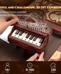 Hands assembling 3D Wood Puzzle Piano Kit With LED Lights, Wooden Keyboard Model For Grownups, detail of the vintage style keys.