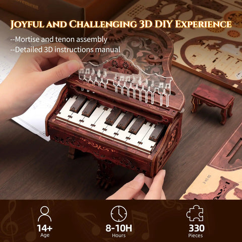 Hands assembling 3D Wood Puzzle Piano Kit With LED Lights, Wooden Keyboard Model For Grownups, detail of the vintage style keys.