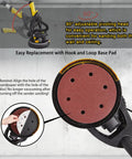 Dustless Drywall Sander With Vacuum Dust Collector Pro Grade 6.5 Amp 780W featuring pivoting head and sanding disc details.