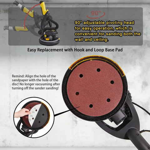 Dustless Drywall Sander With Vacuum Dust Collector Pro Grade 6.5 Amp 780W featuring pivoting head and sanding disc details.