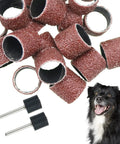 Dog Nail Grinder Replacement Kit 26 Pack With Sanding Drums And 80 Grit And 120 Grit Bands For Pet Nail Smoothing Shank Rotary Tool Kit For Home Grooming And Claw Care with sanding drums and a happy dog