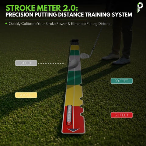 Golf Putting Aid Stroke Meter 2.0 Pro Training Tool with color-coded distance guides on a green, showing 5 to 30 feet markers.
