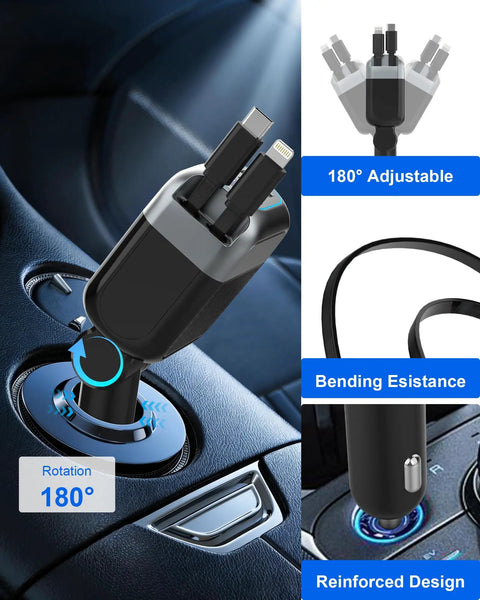 87W Retractable Car Charger With 4 In 1 Fast USB C Charging Hub And 45W Type C Cable in car socket, adjustable and durable design