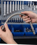 Badass Heavy Duty SS Braided Metal Air Hose Industrial Compressor Heat Resistant To 750 Degrees Fahrenheit High Pressure Endurance 450 Psi Flexible Install Adapting Tight Spaces Perfect For Pneumatic Tools Built Tough Go Hard Without Failures Ever, braided hose held by hands