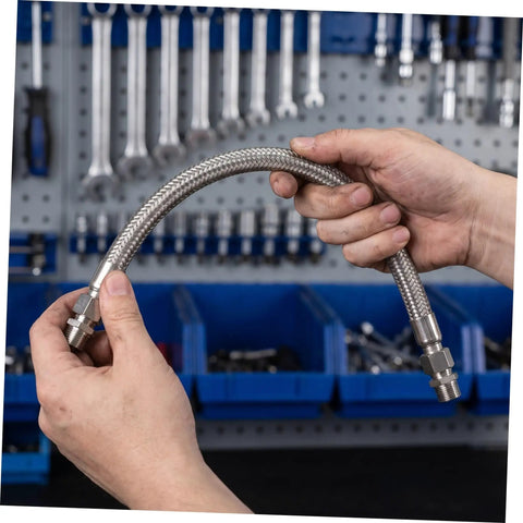 Badass Heavy Duty SS Braided Metal Air Hose Industrial Compressor Heat Resistant To 750 Degrees Fahrenheit High Pressure Endurance 450 Psi Flexible Install Adapting Tight Spaces Perfect For Pneumatic Tools Built Tough Go Hard Without Failures Ever, braided hose held by hands