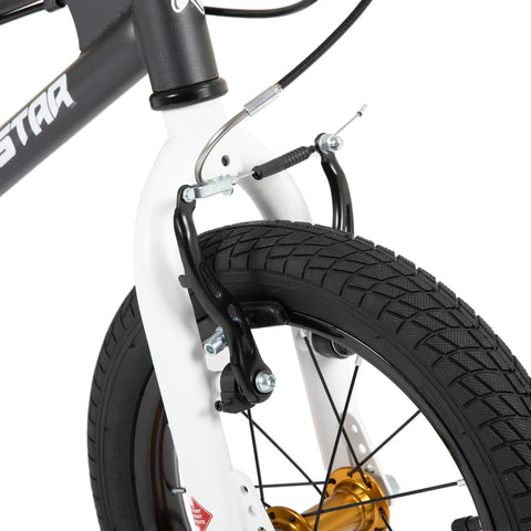 Close-up of front wheel and V-brake on Lomand 16 Inch Kids Bike With Training Wheels For Boys And Girls Ages 4 To 7 in gray.