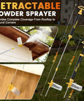 Retractable Diatomaceous Earth Powder Duster with 4 ft sprayer for indoor and outdoor pest control, shown in use and disassembled.