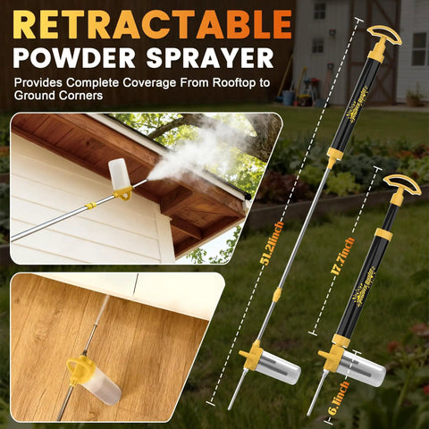 Retractable Diatomaceous Earth Powder Duster with 4 ft sprayer for indoor and outdoor pest control, shown in use and disassembled.