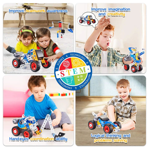 Cool Five In One STEM Building Kit With Electric Motor For Kids Aged Six To Twelve Hands On Construction Toys For Boys And Girls 113 Pieces DIY Educational Toy Set For Future Engineers, children building model cars
