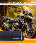 Harley Davidson Motorcycle Repair Tool Kit For On The Road Maintenance And Basic Repairs in a compact package beside a motorcycle.