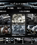 Automotive parts collage showing six components: engine, flange plate, compressor, gearbox, mechanical unit, and manifold