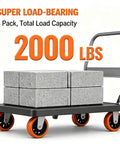 Six Inch Caster Replacement Wheels Four Pack Orange Heavy Duty Polyurethane With Hardened Steel Core Non Marking Tread Smooth Rollin Across Concrete And Wood Floors Built Tough As Nails For Any Rigorous Job Site Or Home Garage Setup on a cart carrying blocks.