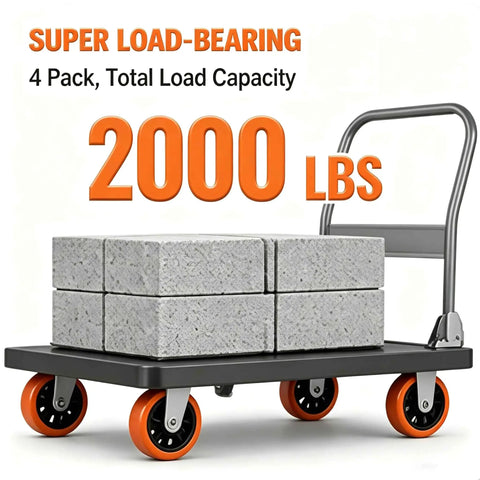 Six Inch Caster Replacement Wheels Four Pack Orange Heavy Duty Polyurethane With Hardened Steel Core Non Marking Tread Smooth Rollin Across Concrete And Wood Floors Built Tough As Nails For Any Rigorous Job Site Or Home Garage Setup on a cart carrying blocks.