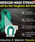 Green 8ft Endless Round Polyester Rigging Sling For Industrial Lifting And Rigging, Heavy Duty, Double Ply Cover with tags