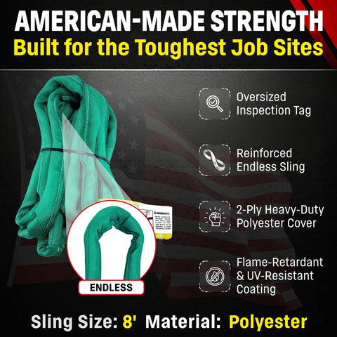 Green 8ft Endless Round Polyester Rigging Sling For Industrial Lifting And Rigging, Heavy Duty, Double Ply Cover with tags