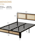 Sturdy Full Size Rattan Bed Frame Featuring Boho Woven Metal Headboard And Heavy Duty Slatted Platform Base For Memory Foam Mattresses dimensions illustration