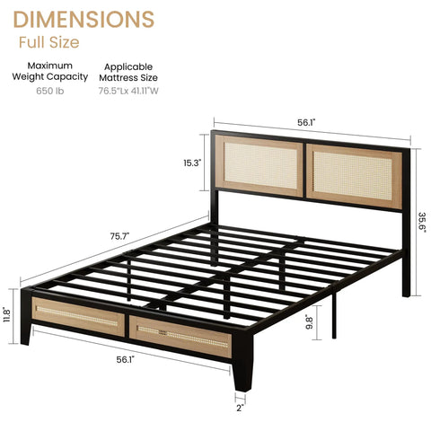 Sturdy Full Size Rattan Bed Frame Featuring Boho Woven Metal Headboard And Heavy Duty Slatted Platform Base For Memory Foam Mattresses dimensions illustration