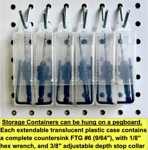 Six Piece Pro Grade Countersink Drill Bit Set With Depth Stop Collar And Tapered Bits for Woodworking in storage case on pegboard