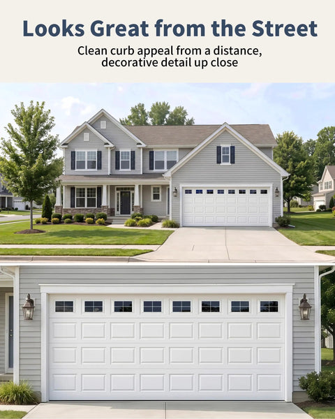 32 Piece Magnetic Faux Window Panels For Steel Garage Doors, 6x4 Inch Each, Glossy Realistic Look installed on a gray house