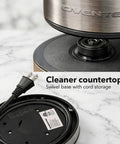 Lightning Fast 1.7L Glass Electric Kettle With Stainless Steel Base Cordless 1500W Boiler showing swivel base and cord storage