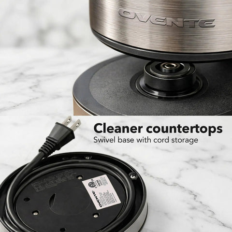 Lightning Fast 1.7L Glass Electric Kettle With Stainless Steel Base Cordless 1500W Boiler showing swivel base and cord storage