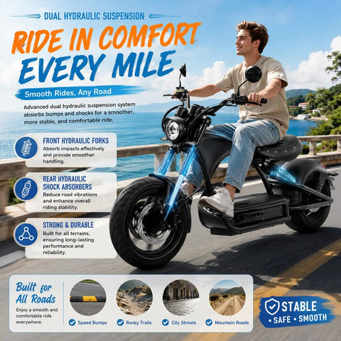 High Output 4000W Electric Motorcycle With A Dual 60V Battery Rig Delivering Over One Hundred Ten Miles Per Charge And Rolling Fifty MPH Tops With Quick Hydraulic Brake Stops For Adults Who Want Zero Hassle And Maximum Thrill, riding along a coastal road.