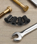 Heavy Duty Carbon Steel Barn Door Clamps Set With Flat Door Spacers For Sliding Track And Replacement, shown with bolts and wrench.