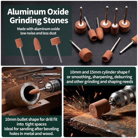 All In One Pro Grade 65 Piece Rotary Tool Kit With Diamond Cutting Wheels Resin Cut Off Discs HSS Circular Saw Blades Sanding Bands And Aluminum Oxide Bits For Wood Plastic Glass Metal Gem And Jade Projects aluminum oxide grinding stones, 10mm and 15mm shapes