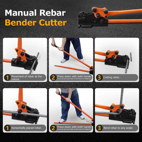 Loschen Manual Rebar Cutter And Bender For Construction Site Use shows user cutting and bending rebar with heavy duty tool.