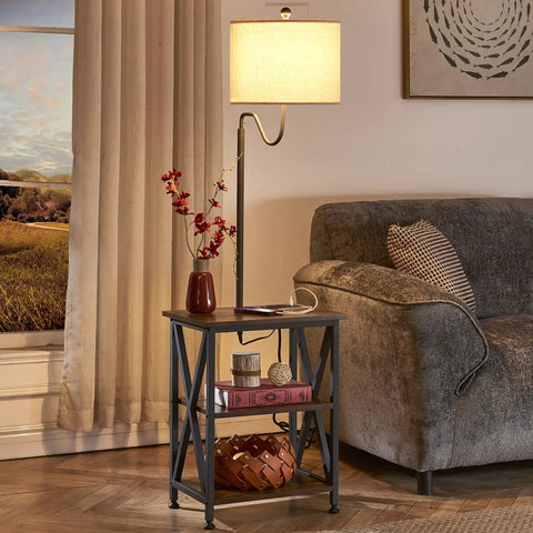 Living room setting with End Table With Built In Lamp And USB Type C Port, Narrow Nightstand With Storage Shelf, Rustic Wood Grain Side Table With Adjustable Lamp Arm, 59 Inch Tall, Bulb Not Included beside a sofa.