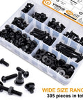 Built Tough 305 Piece 1/4-20 Bolt And Nut Assortment Kit featuring black button head screws, assorted sizes with washers inside storage box.