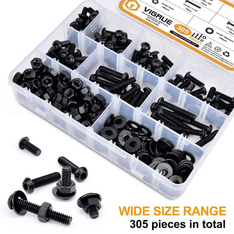 Built Tough 305 Piece 1/4-20 Bolt And Nut Assortment Kit featuring black button head screws, assorted sizes with washers inside storage box.