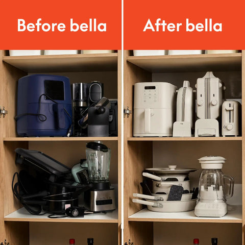 Before and after kitchen organization showing clutter on the left and tidied appliances on the right.