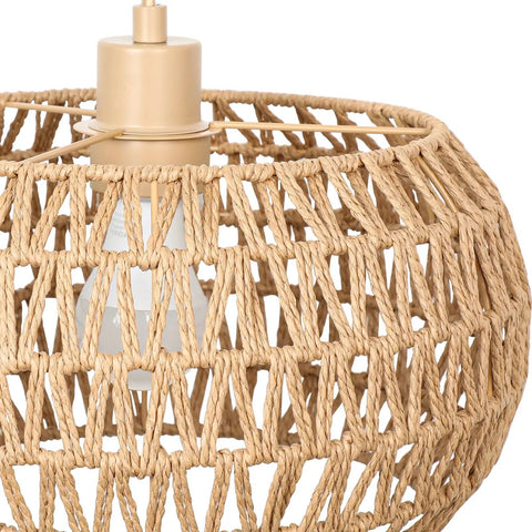 Close-up of Qingmiao Boho Plug in Pendant Light with handwoven shade showcasing bulb and intricate design.