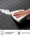 Ergonomic Anti Fatigue Kitchen Floor Mat 4 To 5 Inch Thick Waterproof Non Slip Rug being wiped clean, shows spill resistance.