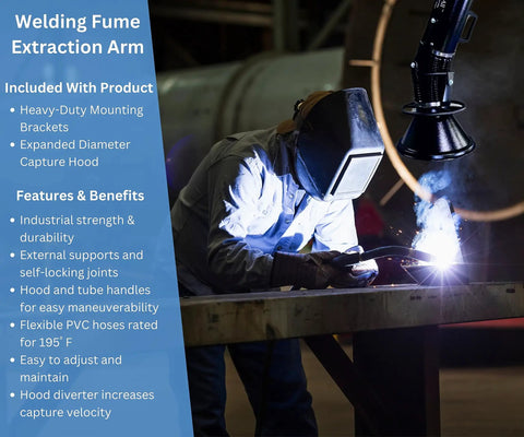 Welder using Wall Mounted Welding Fume And Dust Extraction Arm With 180 Degree Swing, Boss Grade Source Capture Hood