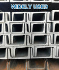 Stacked gray metal U-channels labeled 'Widely Used' on top, showing multiple layers for construction use.