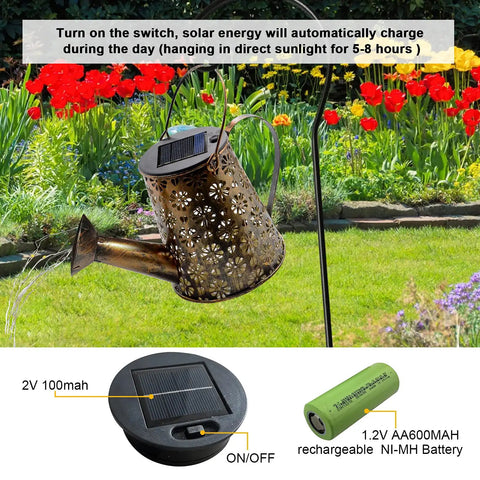 Solar Watering Can Fairy Lights Outdoor Garden Decor Waterproof Lawn Lamp With Star Shower Twinkling LED Lights For Walkway Patio Yard Vibes Bracket Included, shown with solar panel and rechargeable battery in garden setting.