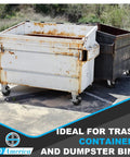 Beefy Heavy Duty 5x2 Rubber On Cast Iron Industrial Casters For Trash Bins And Dumpsters, installed on metal bins