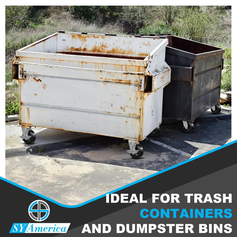 Tough As Nails Six By Two Inch Heavy Duty Caster Wheels With Thick Rubber Over Cast Iron For Dumpsters And Trash Carts, mounted on dumpster.