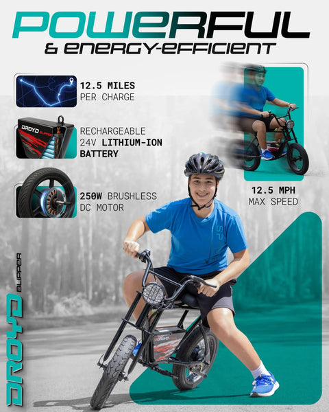 Kids Electric Bike For Ages 13 And Up 250W Mini Ebike With 24V Lithium Battery Top Speed 12.5 MPH Up To 12.5 Mile Range 16 Inch Tires LED Headlight Rear Drum Brake Easy To Ride And Built For Fun. Teen rides black mini ebike