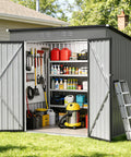 Front view of 6 By 4 Ft Heavy Duty Metal Storage Shed With Sloped Roof And Lockable Door For All Season Outdoor Storage In Grey, doors open
