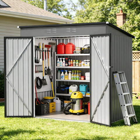Front view of 6 By 4 Ft Heavy Duty Metal Storage Shed With Sloped Roof And Lockable Door For All Season Outdoor Storage In Grey, doors open