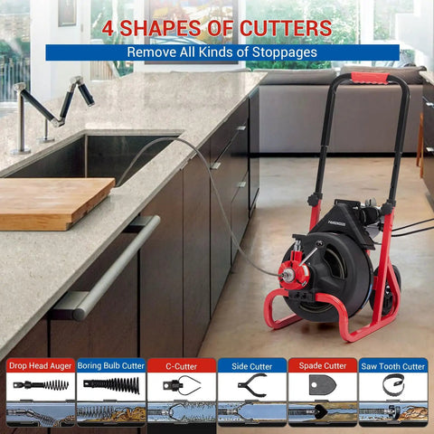 Built Tough Auto Feed Electric Drain Auger with 75 ft cable for clearing clogs, showcased in modern kitchen setting.