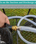 Clear PVC Spiral Steel Reinforced Flexible Hose 1.5 Inch ID connected to pump with brass fitting, shown in outdoor setting
