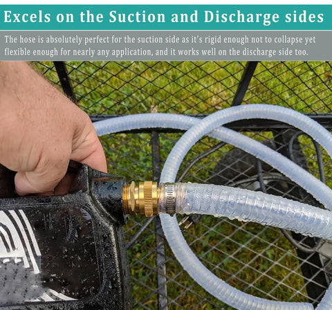Clear PVC Spiral Steel Reinforced Flexible Hose 1.5 Inch ID connected to pump with brass fitting, shown in outdoor setting