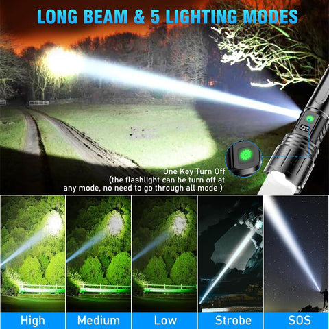 Rechargeable 2000 Lumens LED Flashlight With Long Beam Power Display IPX5 Waterproof 20 Hour Runtime 5 Modes Zoomable Handheld Light For Camping And Outdoors Beast Bright Ultra Durable Easy To Use showing beam range and modes