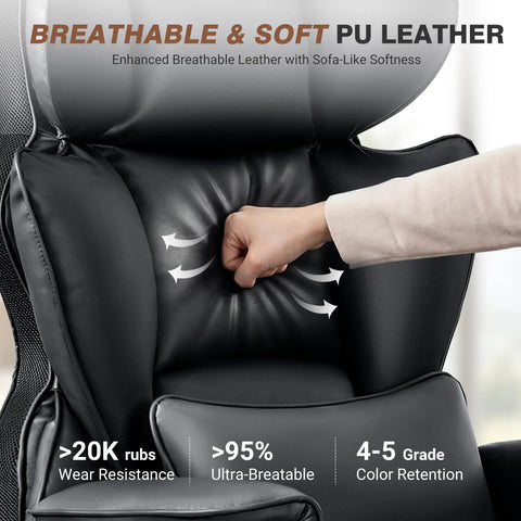 Breathable black PU leather cushion detail on Big And Tall Leather Office Chair With Footrest For All Day Comfy Support