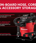 Heavy Duty 12 Gal Wet Dry Shop Vac With Beastly 5.5 Peak HP Motor And Nine Must Have Cleaning Attachments For Cranking Nasty Garage Jobs And Spills Features Classic Red Plastic Design with on-board storage and accessories.