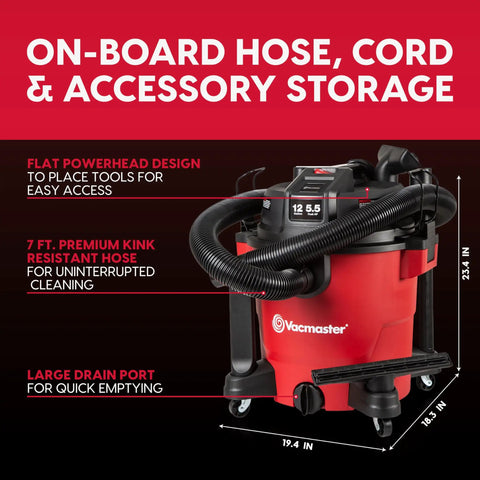 Heavy Duty 12 Gal Wet Dry Shop Vac With Beastly 5.5 Peak HP Motor And Nine Must Have Cleaning Attachments For Cranking Nasty Garage Jobs And Spills Features Classic Red Plastic Design with on-board storage and accessories.